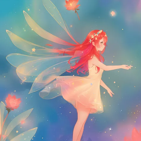 beautiful fairy girl in sparkling flowing dress, fairy dress, (huge sparkling fairy wings), fairy queen, ((magical colorful otherworldly landscape)), (glowing fairy wings), long red colorful hair, sparkling fairy wings, watercolor illustration, flowers and...