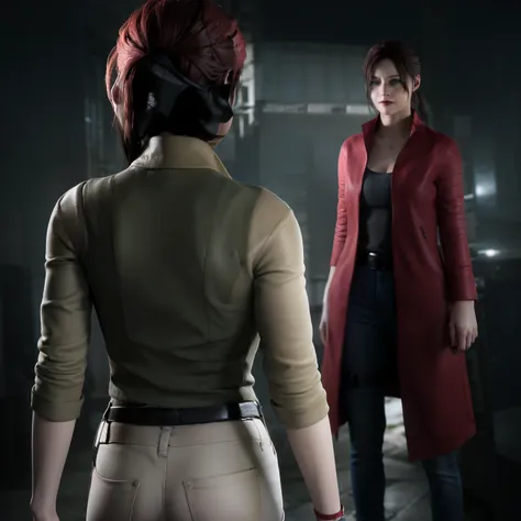 Best quality, ((Claire redfield from resident evil)), woman 40 years old, long red hair, black jeans, beautiful face, red long coat,little smile expression