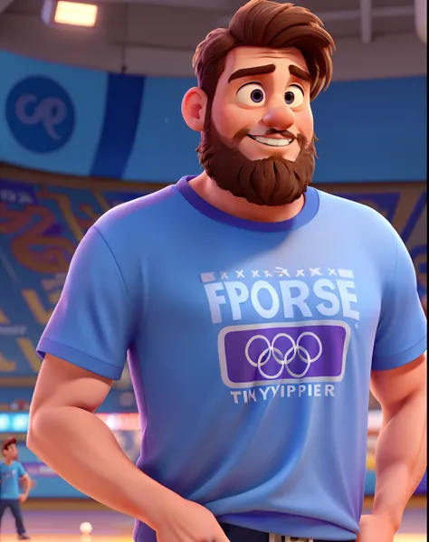 create an animated film poster, where the name of the film is "Stories in Sports", with the character in Pixar style, he is a sports photographer, tall, with a beard, well-cut hair, camera in hand, blue and purple t-shirt, written Disposição on the t-shirt...