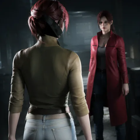 Best quality, ((Claire redfield from resident evil)), woman 40 years old, long red hair, black jeans, beautiful face, red long coat,little smile expression