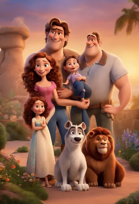 a Disney Pixar movie poster showing a white-skinned family. The father is the tallest, Tem barba curta, loiro, cabelos curtos e espinhosos. The mother has brown eyes and hair, shoulder-length and is slightly overweight. A menina tem 4 anos e cabelos castan...