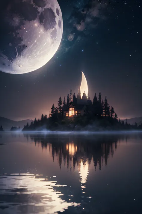 A harmonious scene of the moon delicately reflected in calm waters. Twinkling stars dot the dark sky, The surrounding nature is shrouded in a light and mysterious mist. Let your imagination come to life in this night painting full of calm and serenity."