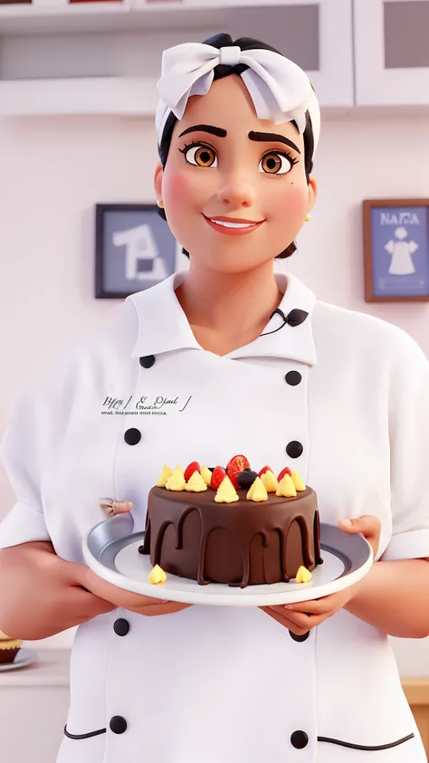 Woman with black hair and bow tie on her head holding a cake, estilo Disney Pixar, alta qualidade