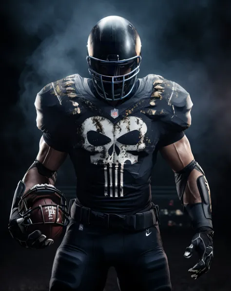 A close-up of a football player wearing a helmet and uniform, Football Armor, amenazante. Irreal 5, castigador, Fondo de pantalla HQ 4K, Ropa de cuero debajo de la armadura, sin texto, Render de octanaje negro, piel negra, 🕹️ 😎 🔫 🤖 🚬, 8K HQ, Disfraz de ven...