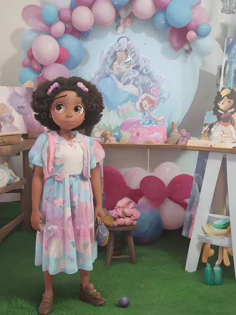 Capa de filme estilo Disney, uma menina preta com olhos castanhos, Dark skin and curly hair working painting pictures and an art studio in the background