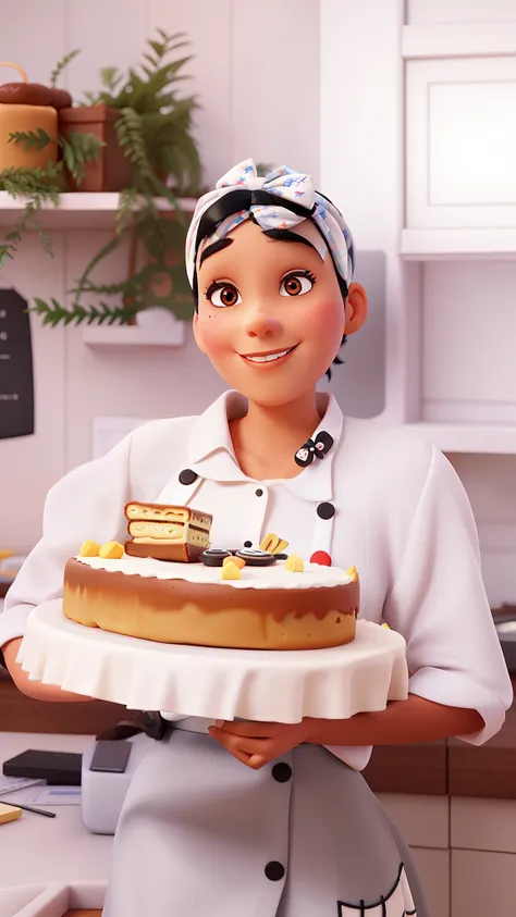 Woman with black hair and bow tie on her head holding a cake, Estilo Disney Pixar, alta qualidade