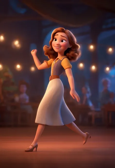 Pixar style image with 3D character, white woman, long brown hair with blonde lights, light brown eyes dancing, Maquiagem Disney,Pescador, bonitinho, sorridente ,Close-up, Pixar, Disney, Cinema lighting,