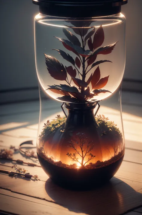 dreamlike art tree in a bottle, fofa, realista, foto, canon, Dream, arte quente, colorful leaves and branches with flowers on the top of the head. fotorrealismo hiperdetalhado por greg rutkowski - h 1024 w 804 | f 1 6 marca da lente 2:2 s 3555 mm film gran...