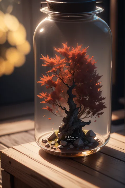 dreamlike art tree in a bottle, fofa, realista, foto, canon, Dream, arte quente, colorful leaves and branches with flowers on the top of the head. fotorrealismo hiperdetalhado por greg rutkowski - h 1024 w 804 | f 1 6 marca da lente 2:2 s 3555 mm film gran...