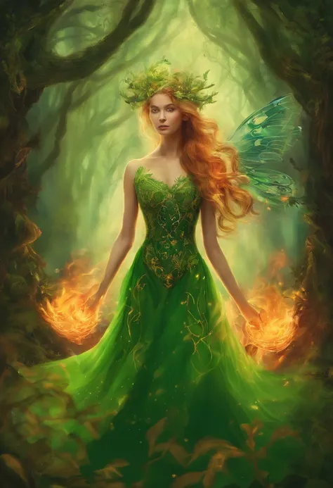 Deusa Brigit com cabelos ruivos , Green dress in a forest of oak trees with fire coming out of hands