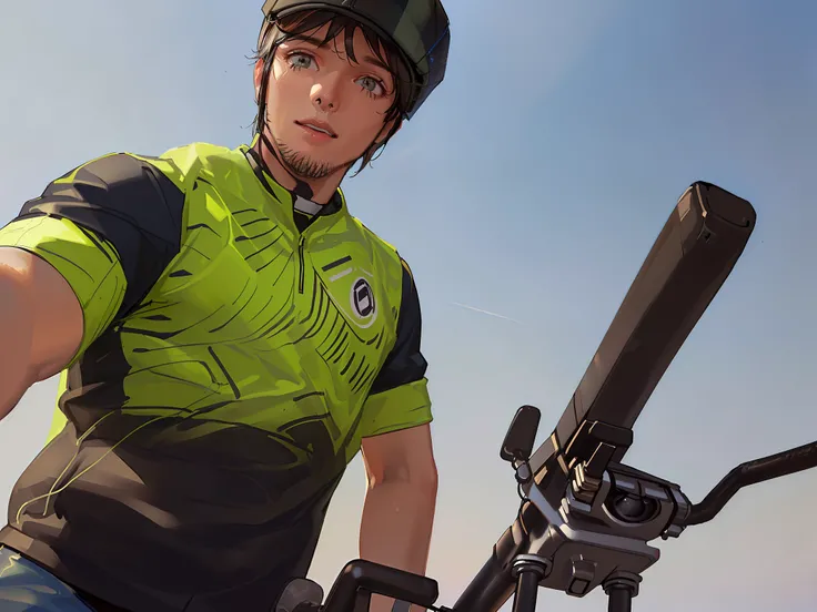 Homem de camisa verde e bermuda preta em bicicleta, ciclismo!!, Tiro em GoPro9, retrato!!, Foto POV, Assumido em Go Pro Hero8, horseback riding, retrato!!!, Capturado no iPhone, Tiro POV, Foto tirada de longe, foto de retrato, tirado no iphone 14 pro, Tiro...