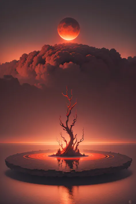 "Obra-prima surrealista. Qualidade excepcional. Detalhes surpreendentes. Surreal CG rendering of a dark red moon rising above a tranquil lake surrounded by red clouds, autoiluminado |, Large area of clouds and fog in luminous tones, celestial lighting, cos...