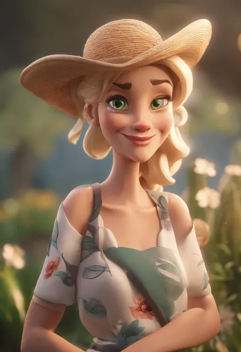 Cartoon character of a green-eyed blonde woman with tattoo on her arm of flowers and with straw hat, animation character, Caractere estilizado, animation style rendering, 3D estilizado, 3 d render stylized, toon render keyshot, Personagem 3D, Personagem 3D...