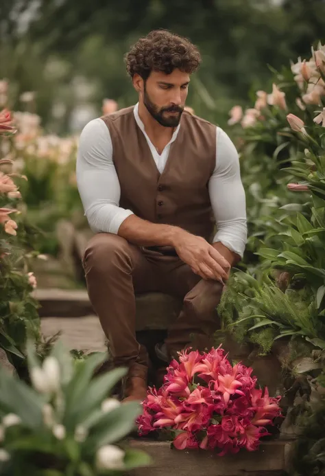 macho, 38 anos, Judeu, reto, short hair, brown hair, curly hair, barba cheia, pureza, carpenters profession, roupas de carpinteiro, foco, Face and hands, Scenery of several flowers, lilies, hands holding a bunch of lilies, 8k, bruto, St. JOSEPH