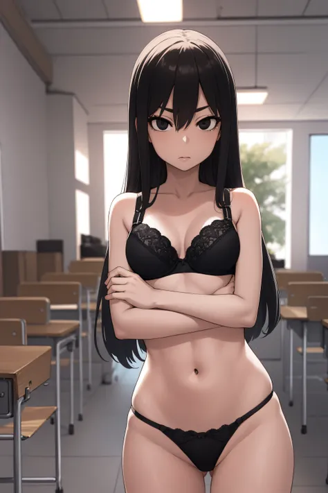 sakiyoshida, saki yoshida, long hair, hair between eyes, (black eyes:1.5), black hair,
BREAK lingerie, (thong:1.3), bra,
BREAK indoors, classroom,
BREAK looking at viewer, (cowboy shot:1.5),crossed arms,angry, pov, 
BREAK (masterpiece:1.2), best quality, h...