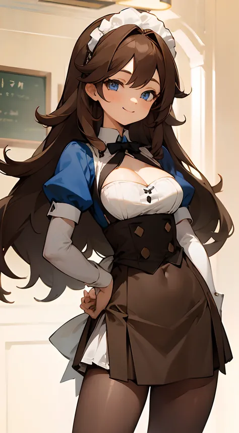 a girl, long hair, brown hair color, blue eyes, maid, short skirt, perfect body, thighs, brown transparent pantyhose, hands on waist, smiling, cute face, hair tail, cleavage, coffee shop