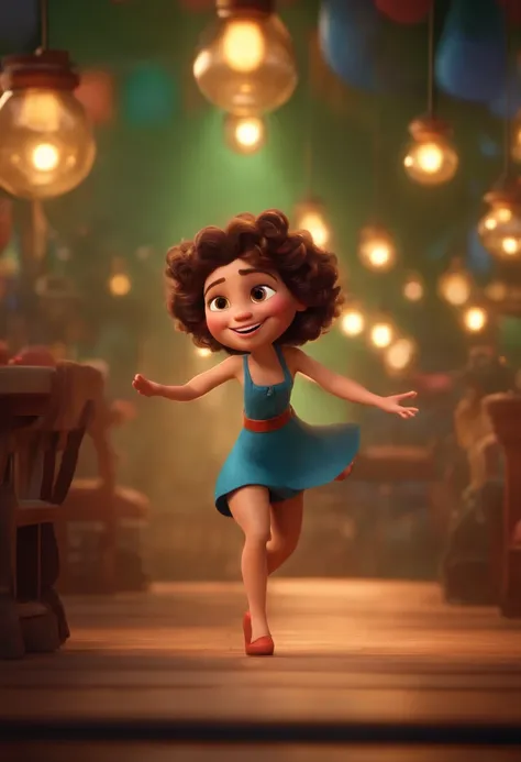 Pixar style image with 3D character óc brunette woman short curly hair dancing, Maquiagem Disney,Pescador, bonitinho, sorridente ,Close-up, Pixar, Disney, Cinema lighting,