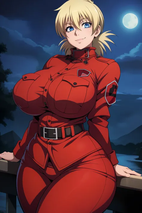 Hellsing Ultimate, Seras Victoria, 1girl, ((bimbo))), spikey blond hair, Blue eyes, puffy lips, thick lips, wide hips, thick thighs, huge breast, huge ass, oily shiny skin, smile face, police uniform, posing, night time,