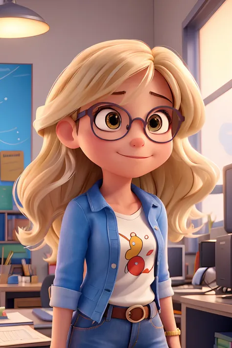 A portrait of a woman with medium blond wavy hair with bangs on the side, wearing goggles, vestindo camiseta branca com uma lupa cinza com cabo vermelho estampada na frente, sentada em sua sala trabalhando em seu computador, luz florescente, personagens fa...