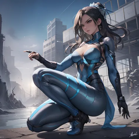 Breathtaking photo in tight suit with Kitana steel fans, Perfect Action Composition, pintura hiper detalhada, Complexo, Arte 32k por DamShelma, WLOP, Kombat mortal, dramatic lighting, arte intrincadamente detalhada, cores triádicas Unreal Engine 5, Arte co...