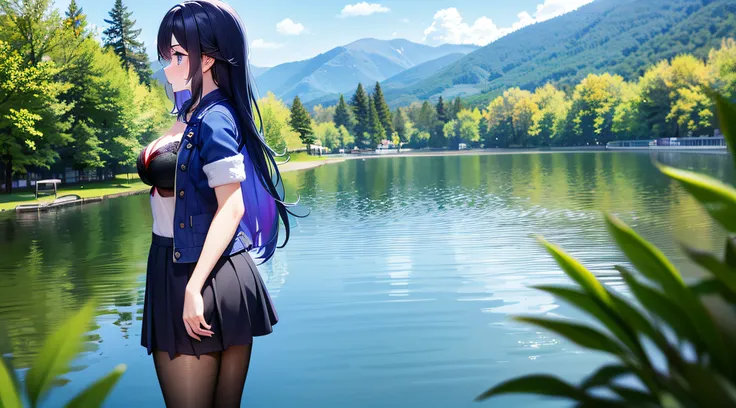 a girl, blue long hair, purple eyes, black tights, black skirt, short blue jacket, red bra, lake, standing