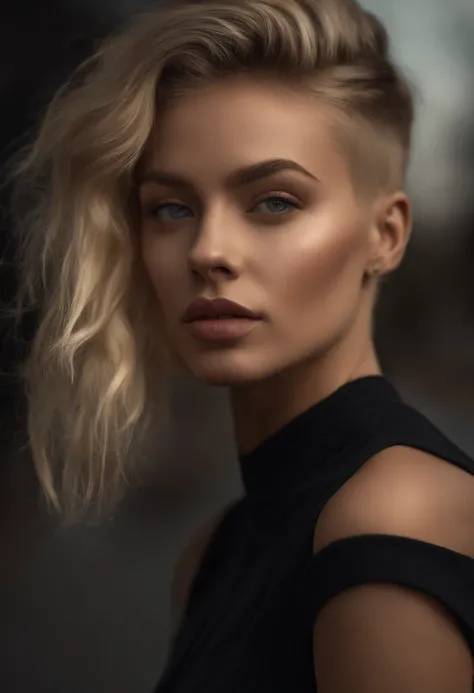 a 20 yo woman, blonde, (hi-top fade:1.3), dark theme, soothing tones, muted colors, high contrast, (natural skin texture, hyperrealism, soft light, sharp)