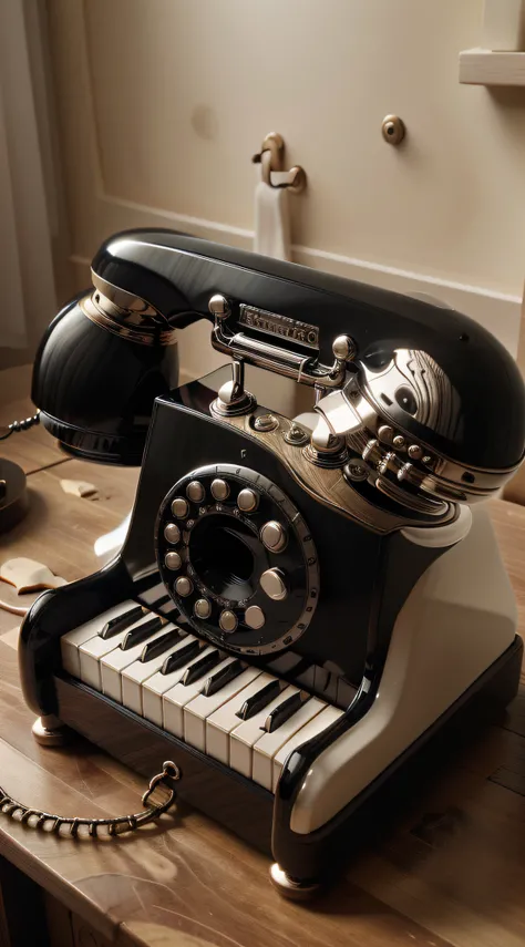 P14n03l3g4nt3b0n3 rotary phone, shiny ebony and ivory, (Masterpiece:1.3) (best quality:1.2) (high quality:1.1)