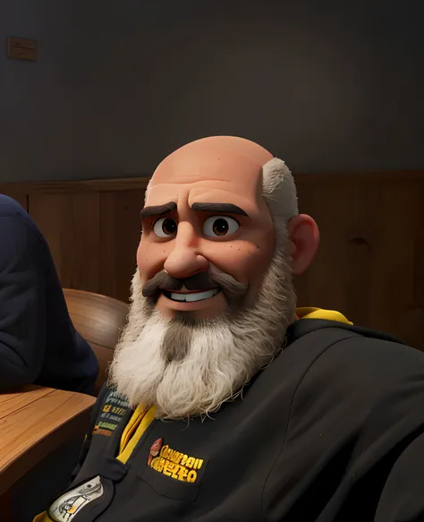 Homem careca com barba longa e grisalha, sorri para camera enquanto segura um copo de cerveja. Postes estilo 3D Pixar.