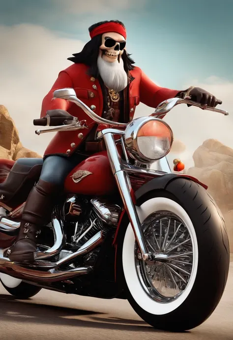 a 3D Disney Pixar style poster of a pirate wearing red clothing and red hat with a white skull,  pilotando uma Harley Davison fat boy em um passeio de motocicleta