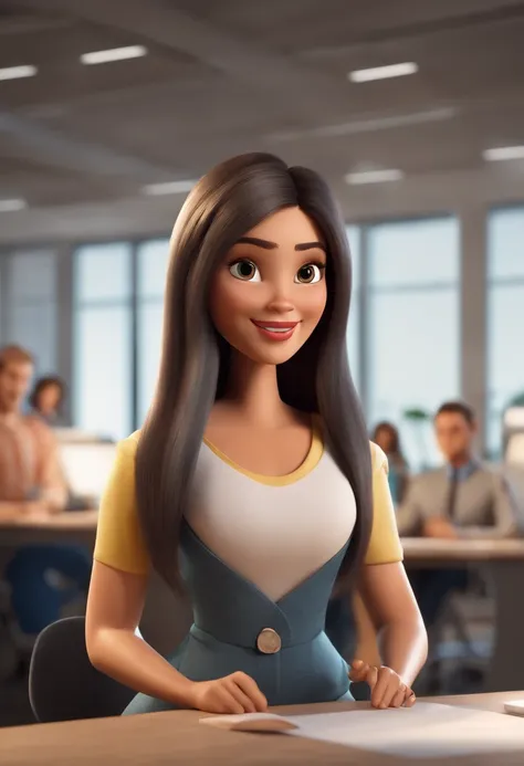 Create a Disney Pixar style 3D movie poster in an office, 7 pessoas em uma mesa redonda, in an office environment, sendo uma japonesa de cabelo curto e preto, uma mulher com cabelo loiro encaracolado, uma mulher cabelo comprido e claro, An Asian woman with...