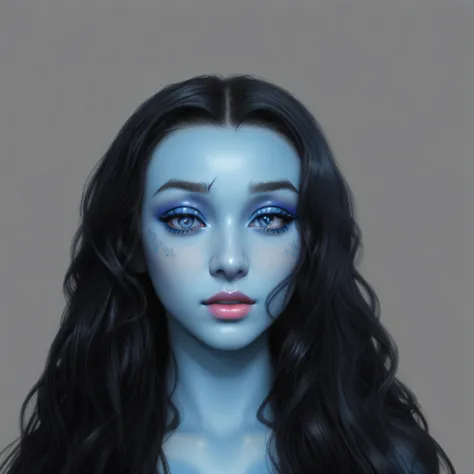 a close up of a woman with blue makeup and long hair, blue realistic 3 d render, with very highly detailed face, azure. detailed hair, with detailed facial features, detailed realistic face, in style of digital illustration, matte digital illustration, hig...