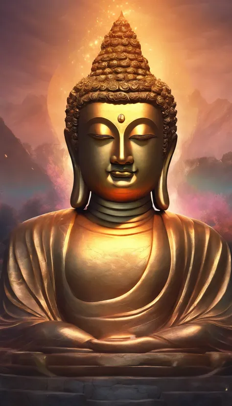 Buddha statue, stone statue, Texture, tall, An majestic, The background is illuminated by sunlight