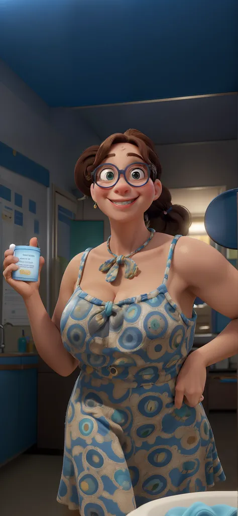 Obra-prima, de melhor qualidade, de mulher 41 anos , Oval face wearing blue kitten-style glasses , Wide smile with full lips,  wavy brown hair tied behind her head in a ponytail, corpo meio magro vestindo jaleco branco , segurando uma caixa de medicamento