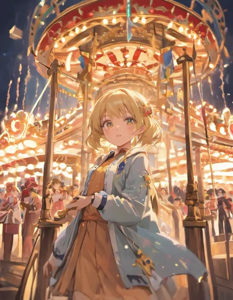 (8K, Raw photo, Best Quality, masutepiece:1.2), (Realistic, Photorealsitic:1.37) , 1girl in, (carousel, Night), Miao Xiaoji(secret_tee), Detailed face, Detailed eyes, a blond、sorcerer、Akame