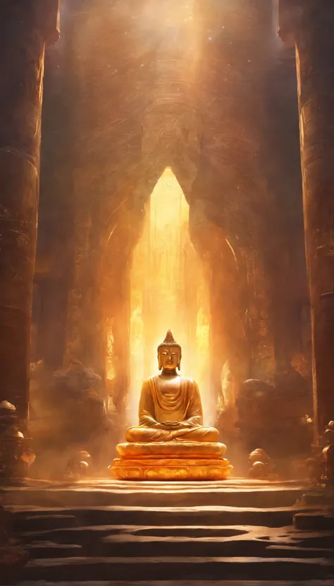 Buddha statue, stone statue, Texture, tall, An majestic, The background is illuminated by sunlight