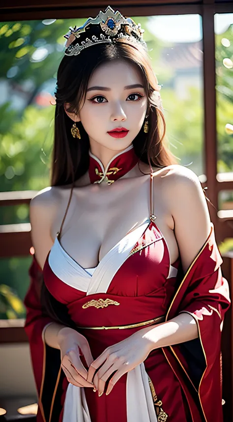 best qualtiy，tmasterpiece，Ultra-detailed high resolution，（Photorealsitic：1.4），RAW photogr，，illustratio， Chinese woman in red dress, Beautiful fox queen, eye looking to camera，The three huge white fox tails are very conspicuous，The tail is raised high，Big r...