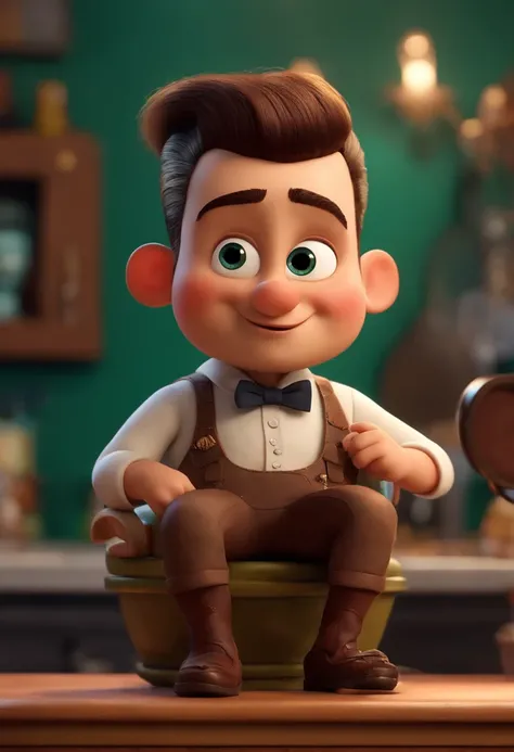 A Dream Barber Inspired by Pixar Animation, de perto. The character takes center stage with captivating facial expressions, oferecendo um toque de irrealidade, Cabelo curto e gordinho gradiente