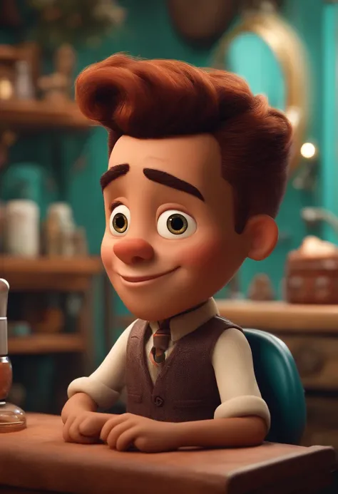 A Dream Barber Inspired by Pixar Animation, de perto. The character takes center stage with captivating facial expressions, oferecendo um toque de irrealidade, Cabelo curto e gordinho gradiente