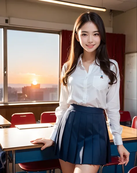 ((1 schoolgirl,Being in a high school classroom,Evening Classroom,Beautiful sunset,look at a camera,original intention,shyly smile,Faces close,Shot from up close,Smile,high-school uniform,model poses)),((Red ribbon on chest,white  shirt,navy pleats skirt,M...