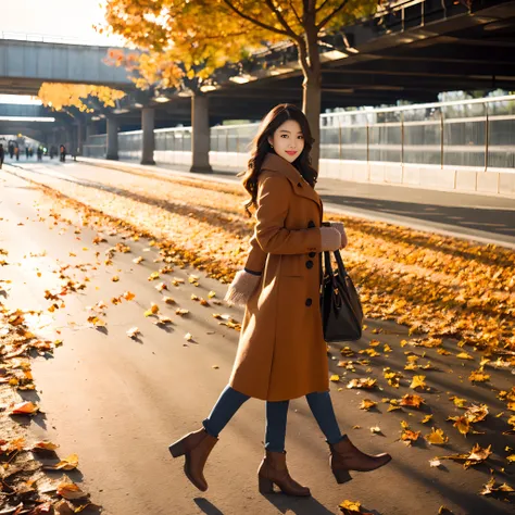 imitate、In the middle of a tunnel-like promenade of autumn leaves、Beautiful French female model is posing gracefully。
Full body portrait、The middle leg should be erased