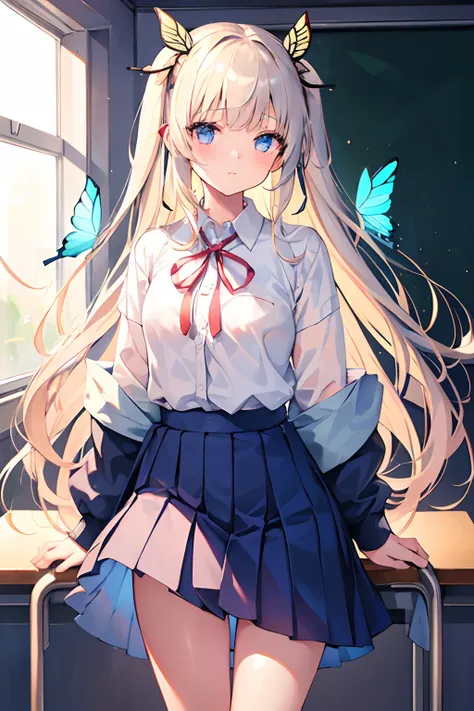 1girl, young girl, ivory hair, long hair, bangs, wearing a school uniform, a bored face, in the class room, hair ribbon, ((flying butterflies)), ((dreamy))