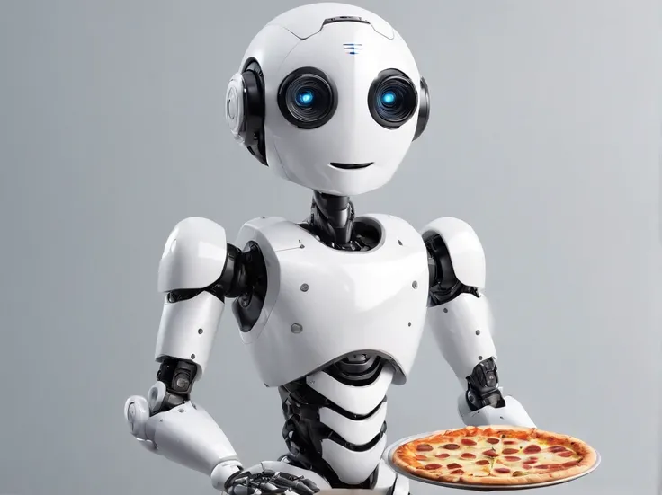 Cute full-length robot smiling and holding pizza portrait