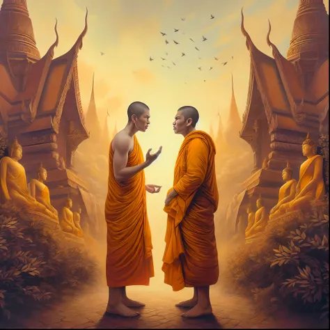 painting of two monks in orange robes talking in front of a temple, tithi luadthong, james gurney and andreas rocha, sylvain sarrailh and igor morski, monks, symmetrical epic fantasy art, ross tran and michael whelan, beeple and jean giraud, yuri shwedoff ...