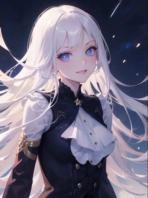 masutepiece, Highest Quality, (Perfect face:1.1), (high detailing:1.1), (ultradetailed eyes), Dramatic,  superfine illustration, Extremely detailed, 1girl in, (pale skin), long white hair, Ethereal eyes, (light eyebrow), ((Lovely smile)), Solo, Long hair,P...