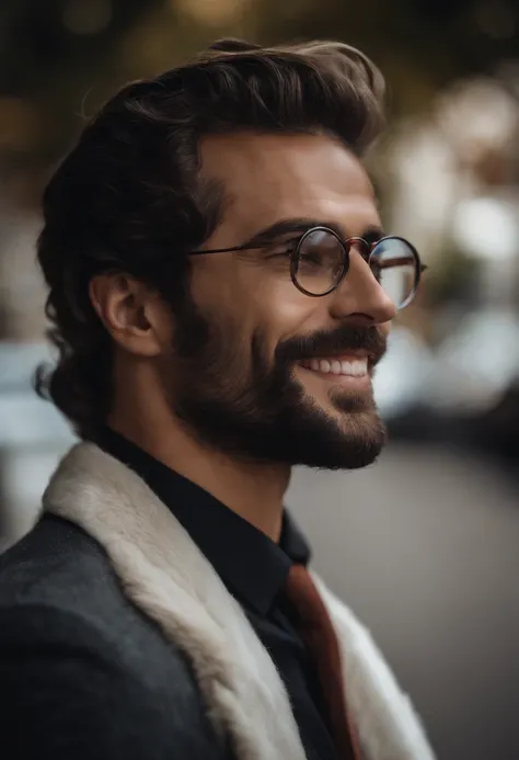 um homem branco, alto, magro, of round glasses, cabelo castanho escuro curto, With a shy smile