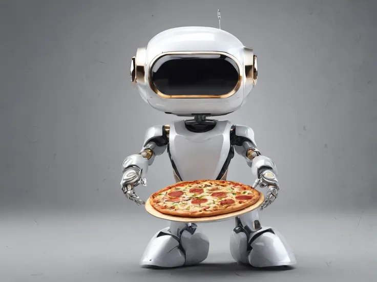 Cute full-length robot,  Smiling,  Holding a pizza, portraite of a