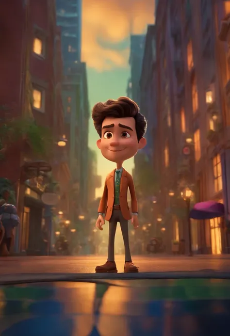 A city councilman looking at a dream project inspired by Pixar animation, de perto. The character takes center stage with captivating facial expressions, oferecendo um toque de irrealidade