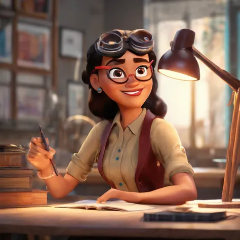 Crie um cartaz inspirado na Disney Pixar com o personagem sendo uma mulher negra, wearing goggles, in an office with a Bible on the table, Looking forward and serious