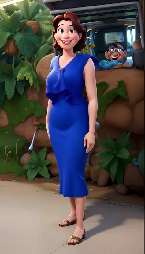 Imagem no melhor estilo pixar ,mulher 41 anos , sorriso largo labios carnudos , 1 metro e 60 centimetros , corpo magro . Imagem de uma farmacia