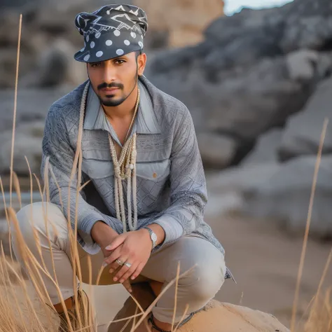 araffe sitting on a rock in a field with a hat on, photo portrait, edited, photo shoot, candid portrait photo, mohamed chahin, taken in the early 2020s, mohamed chahin style, high quality portrait, on the coast, stylish pose, an artistic pose, portrait of ...